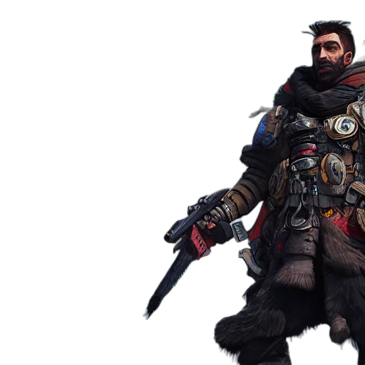 weapon, staff, jacket, concept art, fantasy art, 3d render, portrait, blodhundr transparent PNG cut-out