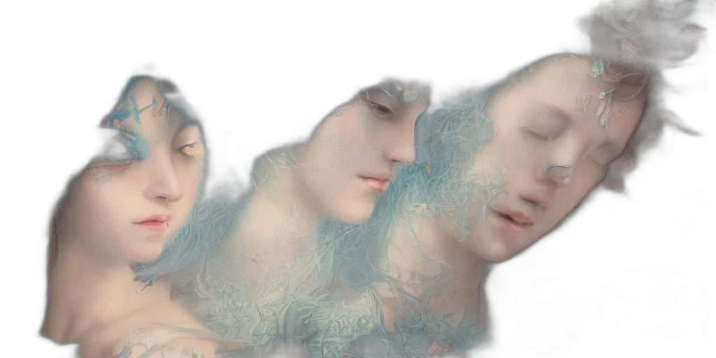 face, mask, creature, hair, photorealistic, 3d render, vaporwave, fantasy art transparent PNG cut-out