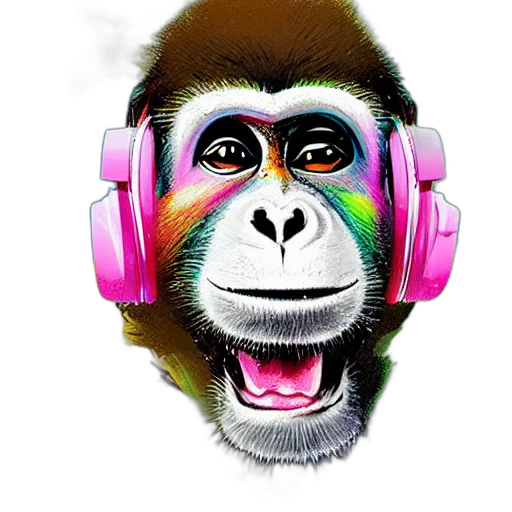 photorealistic, concept art, cartoon, colorful, illustration, monkey, headphones, splatters transparent PNG cut-out