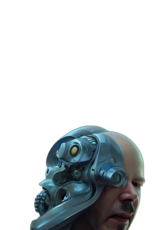 robot, mask, face, weapon, concept art, cyberpunk, 3d render, photorealistic transparent PNG cut-out
