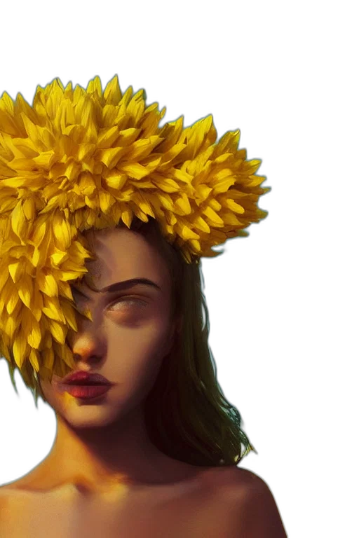 crown, hair, face, flower, photorealistic, fantasy art, concept art, 3d render transparent PNG cut-out