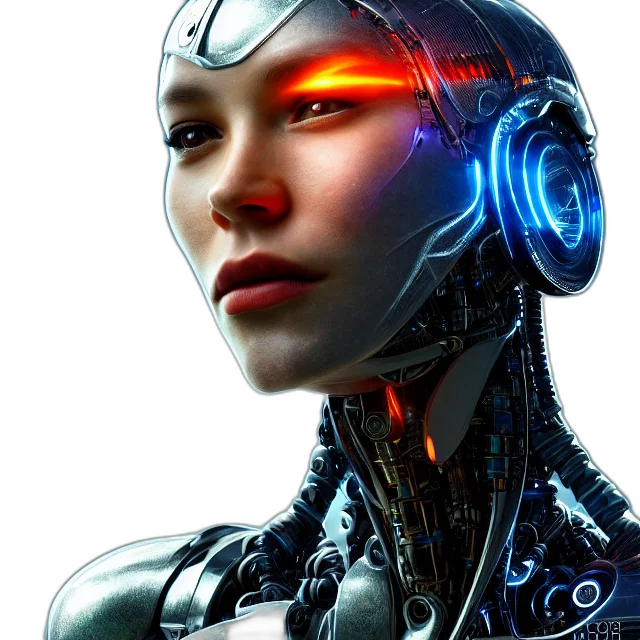 robot, face, cyberpunk, concept art, 3d render, photorealistic, neon lights, cyborg transparent PNG cut-out