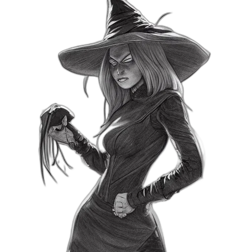 hat, staff, dress, concept art, fantasy art, comic book art, pencil sketch, dark transparent PNG cut-out