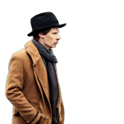 hat, jacket, concept art, photorealistic, earth tones, dark, scene, sherlock transparent PNG cut-out