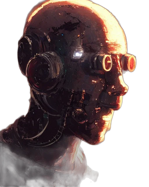 robot, face, mask, staff, cyberpunk, concept art, 3d render, comic book art transparent PNG cut-out