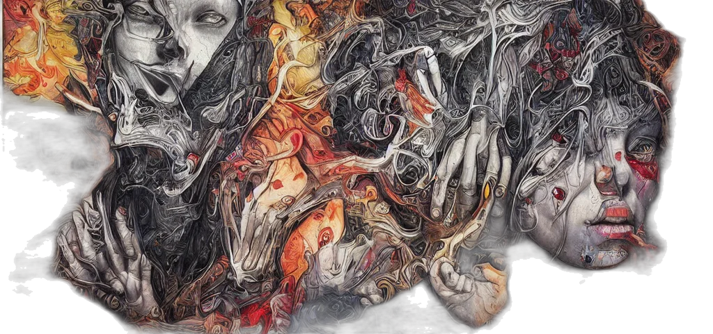 hair, mask, face, dress, photorealistic, watercolor, peripheral, abomination transparent PNG cut-out