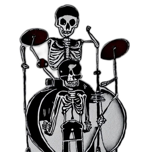 jacket, cartoon, comic book art, concept art, pixel art, monochrome, skeleton, drummer transparent PNG cut-out