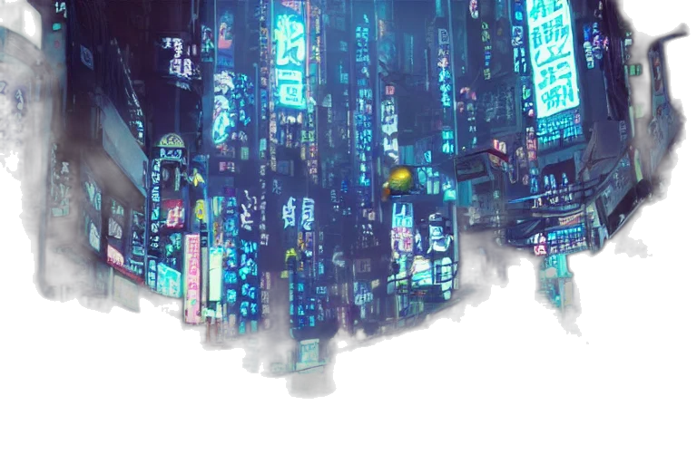 robot, cyberpunk, concept art, anime, vaporwave, neon lights, outer space, city street transparent PNG cut-out