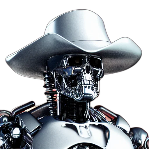 robot, hat, 3d render, concept art, photorealistic, cyberpunk, terminator, wearing transparent PNG cut-out
