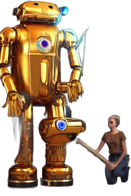 robot, weapon, staff, concept art, 3d render, pixel art, golden, portrait transparent PNG cut-out