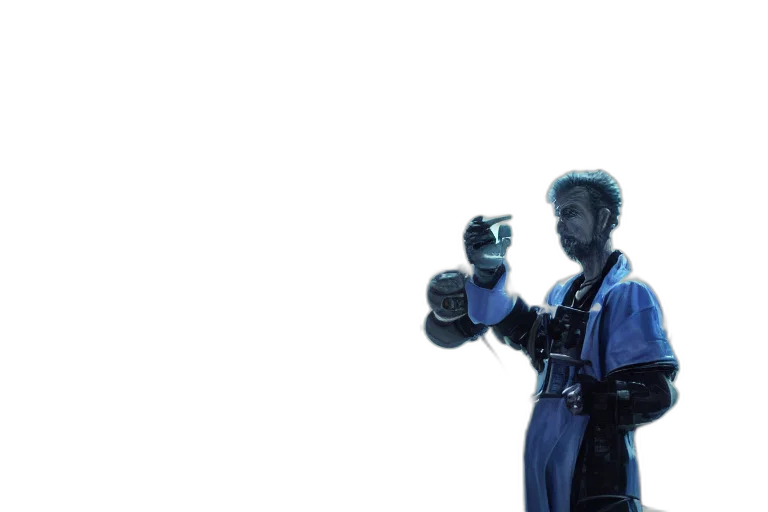 robot, staff, weapon, jacket, cyberpunk, concept art, 3d render, vaporwave transparent PNG cut-out