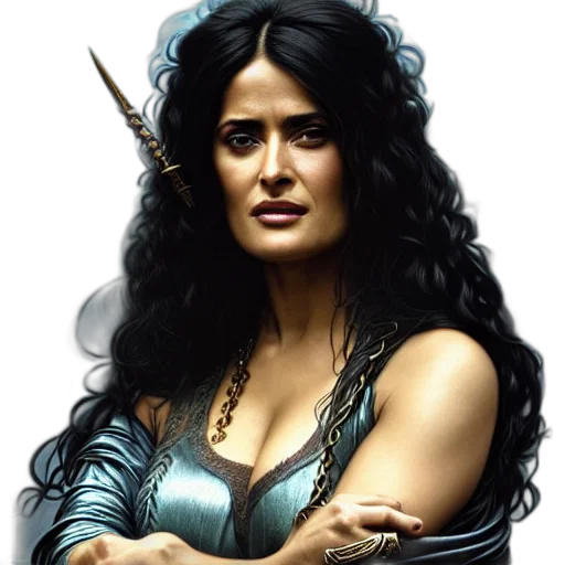 fantasy art, comic book art, concept art, photorealistic, portrait, salma, hayek, surly transparent PNG cut-out