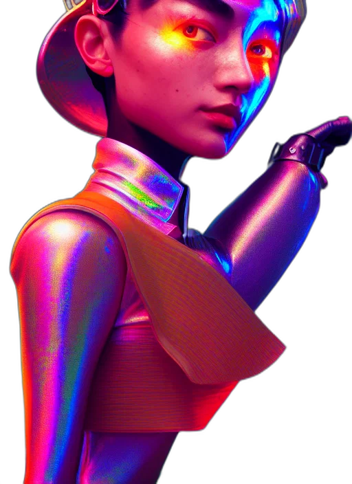 robot, face, staff, jacket, cyberpunk, 3d render, concept art, vaporwave transparent PNG cut-out