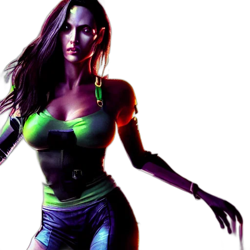 concept art, comic book art, cyberpunk, 3d render, neon, angelina, jolie, hulk transparent PNG cut-out