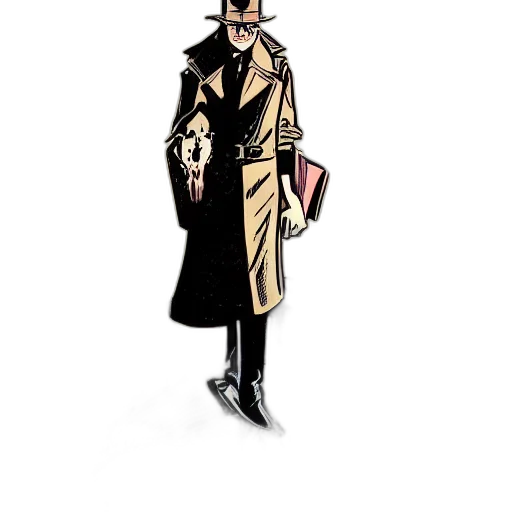 jacket, staff, hat, comic book art, concept art, cartoon, cyberpunk, dark transparent PNG cut-out
