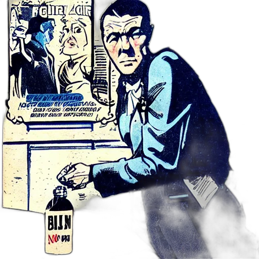jacket, robot, staff, face, comic book art, cartoon, concept art, city street transparent PNG cut-out