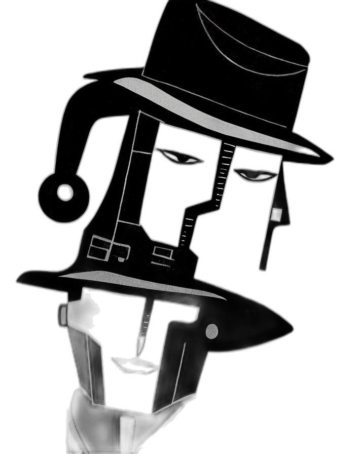 hat, staff, robot, face, concept art, cartoon, comic book art, cyberpunk transparent PNG cut-out