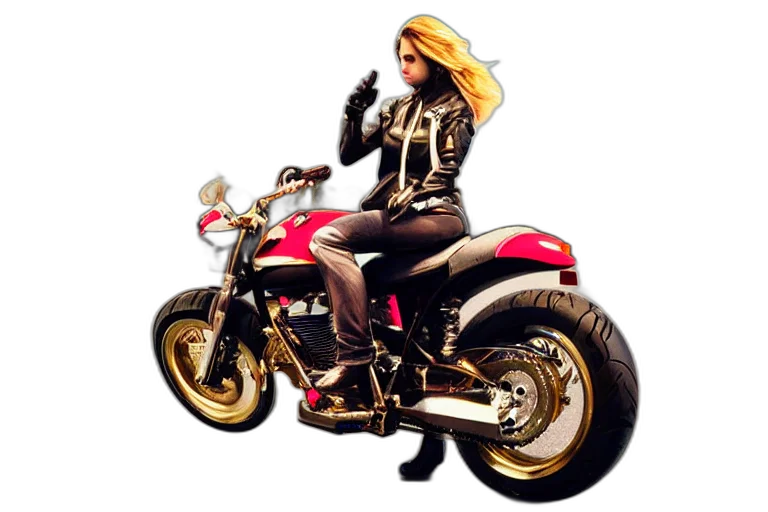 jacket, concept art, photorealistic, comic book art, cartoon, girl, motocycle, chrome transparent PNG cut-out