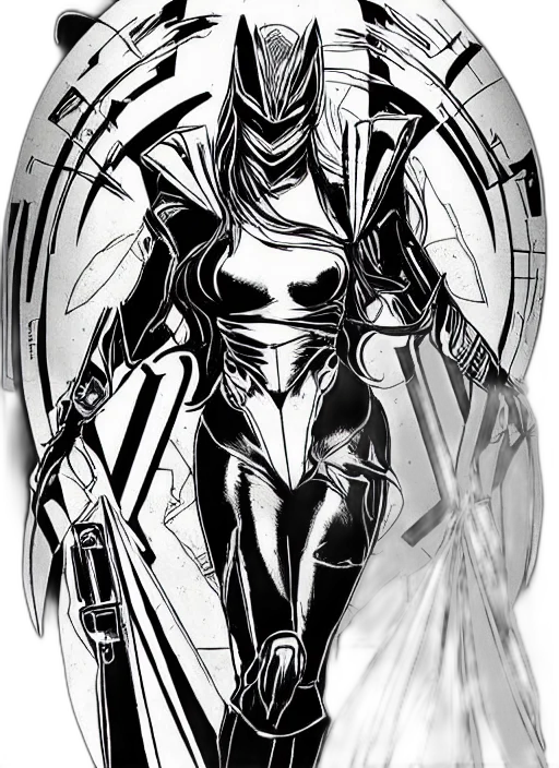 comic book art, concept art, fantasy art, cyberpunk, monochrome, dark, nyx, warframe transparent PNG cut-out