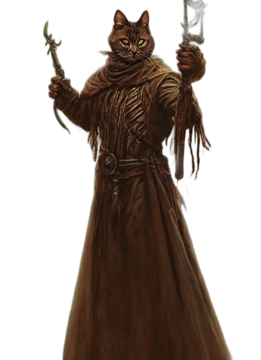 staff, creature, mask, sword, concept art, fantasy art, comic book art, earth tones transparent PNG cut-out