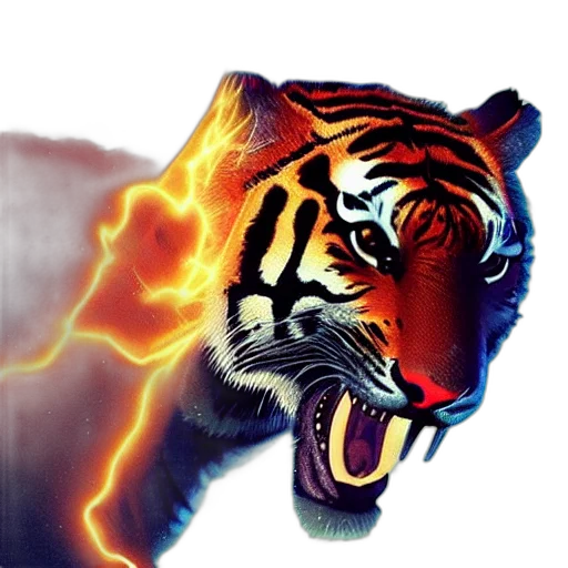 animal, fantasy art, concept art, 3d render, photorealistic, tiger, made, electricity transparent PNG cut-out