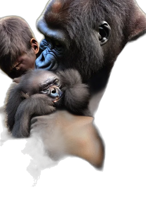 animal, creature, photorealistic, concept art, gorilla, cradling, infant, hyperreal transparent PNG cut-out