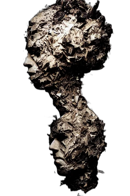 mask, face, hair, crown, concept art, photorealistic, 3d render, dark transparent PNG cut-out