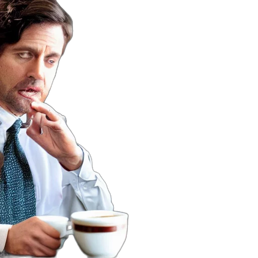photorealistic, fog, office, scene, man, conversing, sentient, cup transparent PNG cut-out
