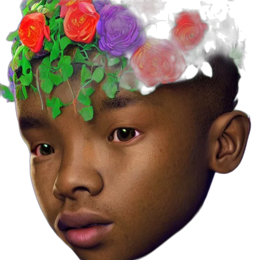 crown, face, flower, hat, photorealistic, vaporwave, concept art, 3d render transparent PNG cut-out