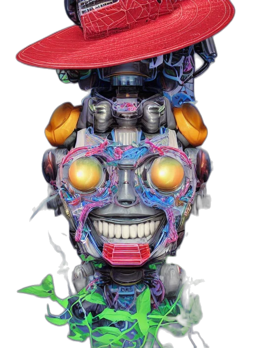 robot, mask, face, hat, concept art, cyberpunk, 3d render, comic book art transparent PNG cut-out