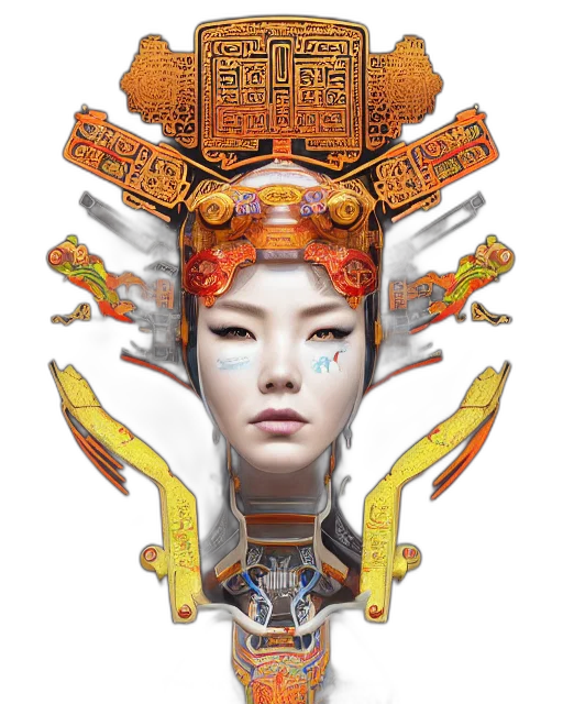 robot, face, mask, crown, concept art, fantasy art, cyberpunk, photorealistic transparent PNG cut-out