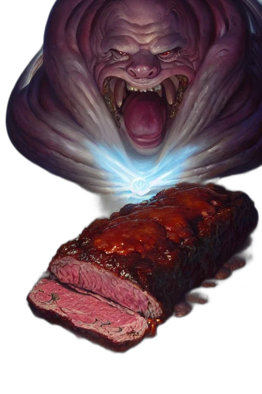 food, creature, animal, face, concept art, photorealistic, meatloaf, inside transparent PNG cut-out