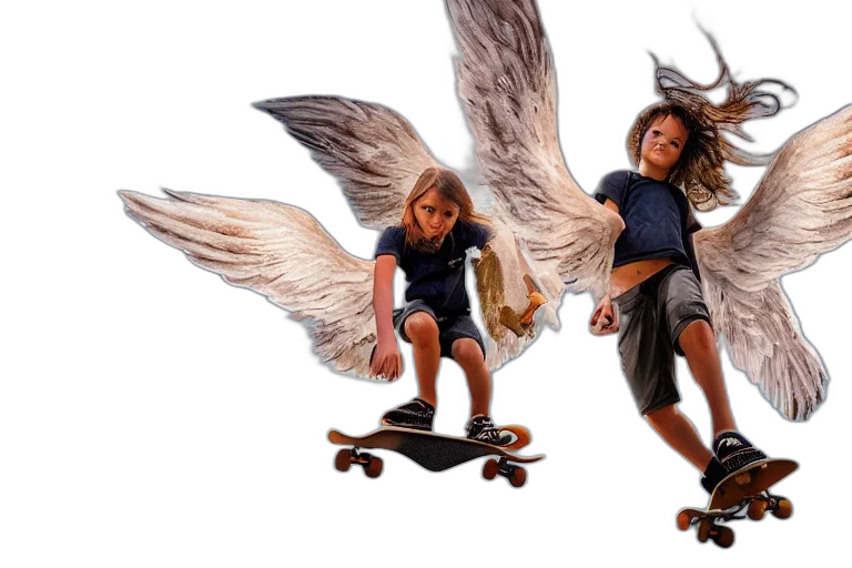 photorealistic, concept art, 3d render, fantasy art, angels, skateboarding, heaven, hdr transparent PNG cut-out