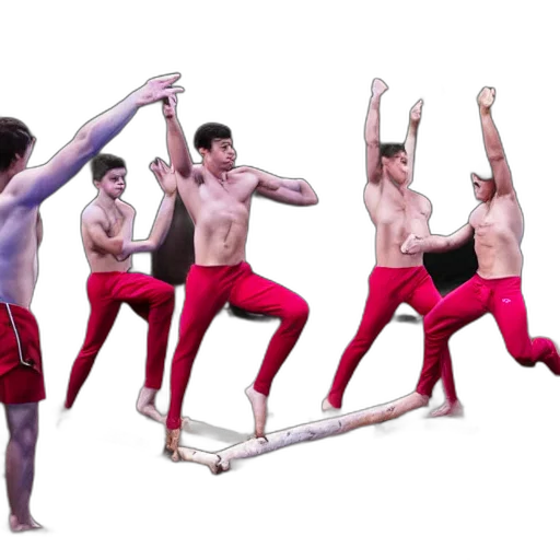 red, male, college, gymnasts, performing, stunts, around, campfire transparent PNG cut-out