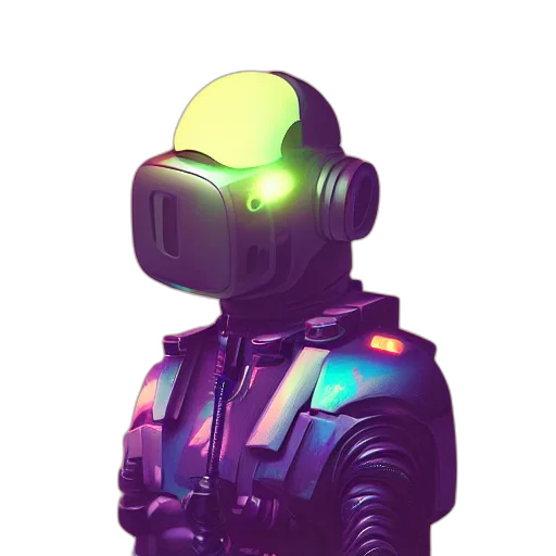 robot, jacket, mask, staff, cyberpunk, concept art, vaporwave, 3d render transparent PNG cut-out