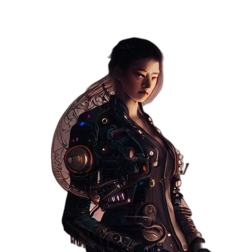 jacket, staff, robot, dress, concept art, cyberpunk, fantasy art, 3d render transparent PNG cut-out