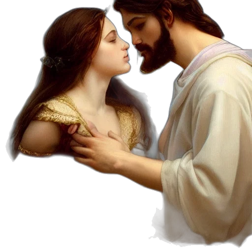 photorealistic, oil painting, jesus, kissing, maria, maddalena, elegant, highly transparent PNG cut-out