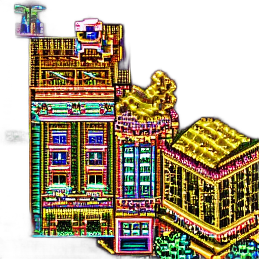 building, robot, pixel art, concept art, 3d render, vaporwave, city street, golden transparent PNG cut-out
