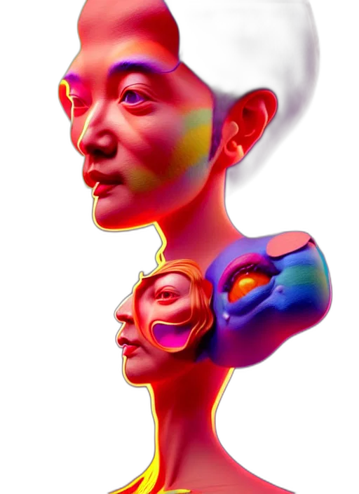 face, mask, robot, crown, 3d render, concept art, vaporwave, cyberpunk transparent PNG cut-out