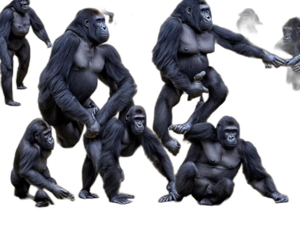 animal, concept art, 3d render, photorealistic, monochrome, gorillas, playing, soccer transparent PNG cut-out