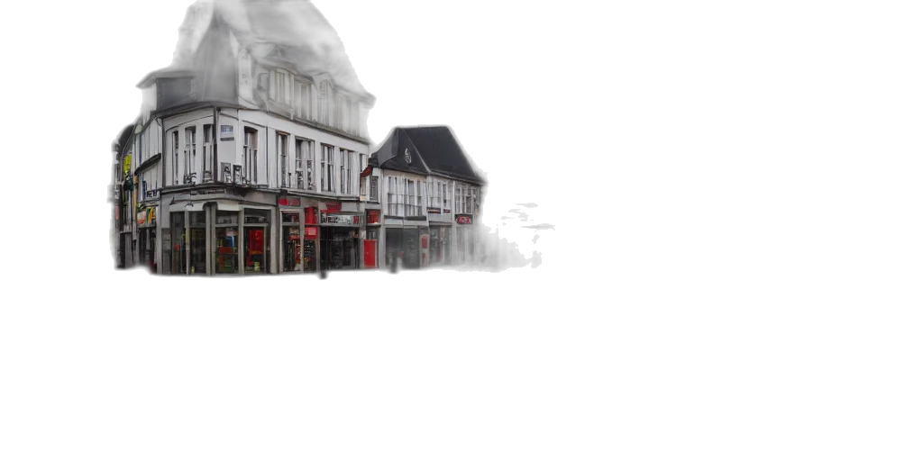 umbrella, building, photorealistic, 3d render, concept art, watercolor, fog, city street transparent PNG cut-out
