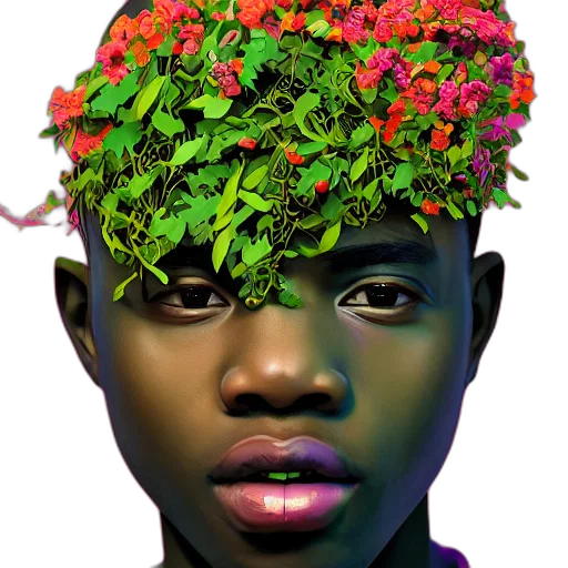 crown, face, hat, flower, photorealistic, concept art, 3d render, vaporwave transparent PNG cut-out