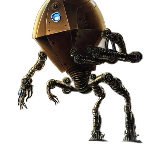 robot, creature, weapon, staff, concept art, 3d render, comic book art, tarnished transparent PNG cut-out