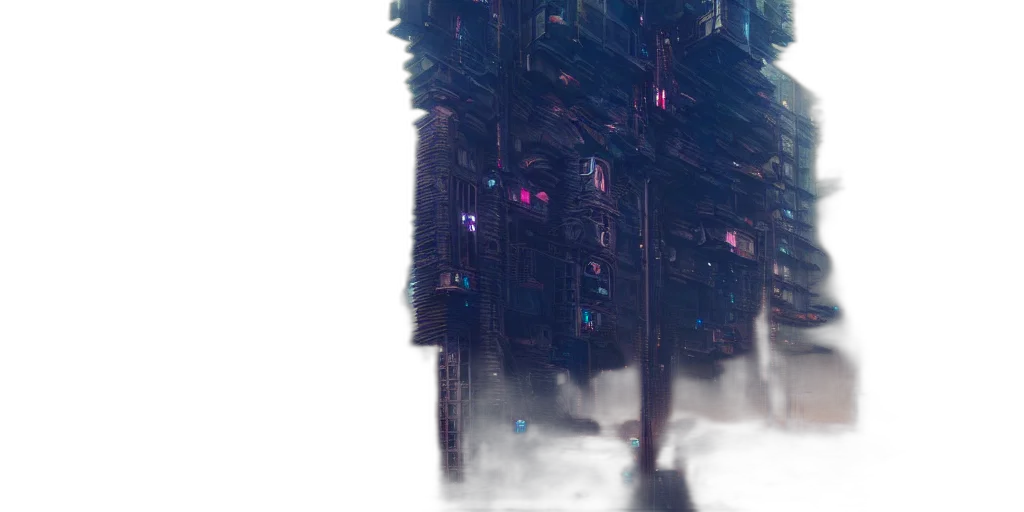 robot, building, weapon, sword, cyberpunk, concept art, 3d render, vaporwave transparent PNG cut-out