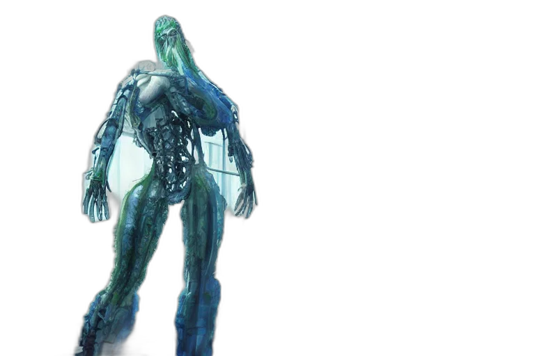 creature, robot, concept art, 3d render, comic book art, watercolor, green, blue transparent PNG cut-out