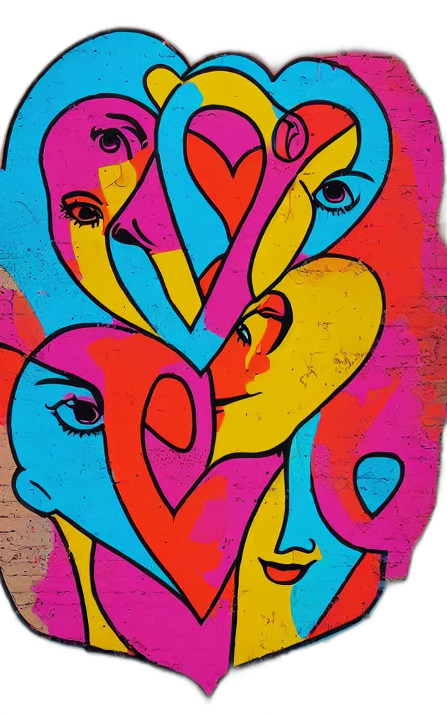 face, cartoon, comic book art, colorful, neon, red, love, caligraphic transparent PNG cut-out