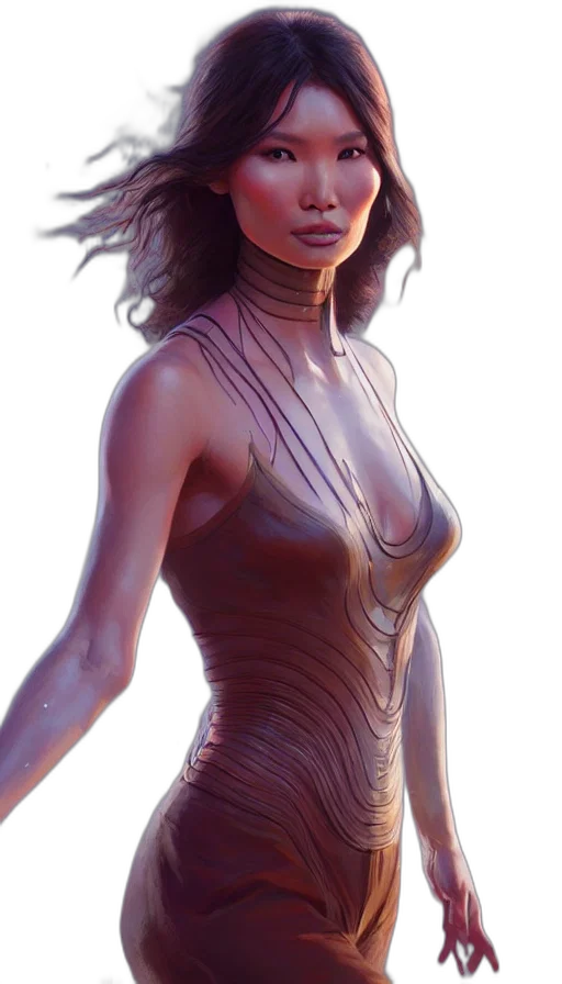 dress, staff, concept art, fantasy art, comic book art, cyberpunk, earth tones, golden transparent PNG cut-out