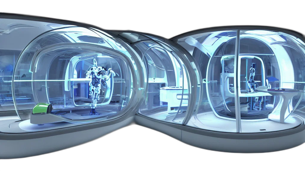 robot, 3d render, concept art, cyberpunk, futuristic, enclosed, medical, pod transparent PNG cut-out