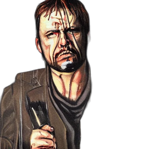 staff, jacket, face, weapon, comic book art, concept art, photorealistic, cartoon transparent PNG cut-out