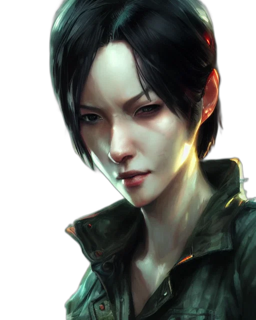 jacket, face, cyberpunk, photorealistic, concept art, fantasy art, green, dark transparent PNG cut-out